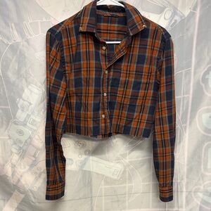 Plaid Button Down Shirt -Red Orange and Blue CROP CUT
